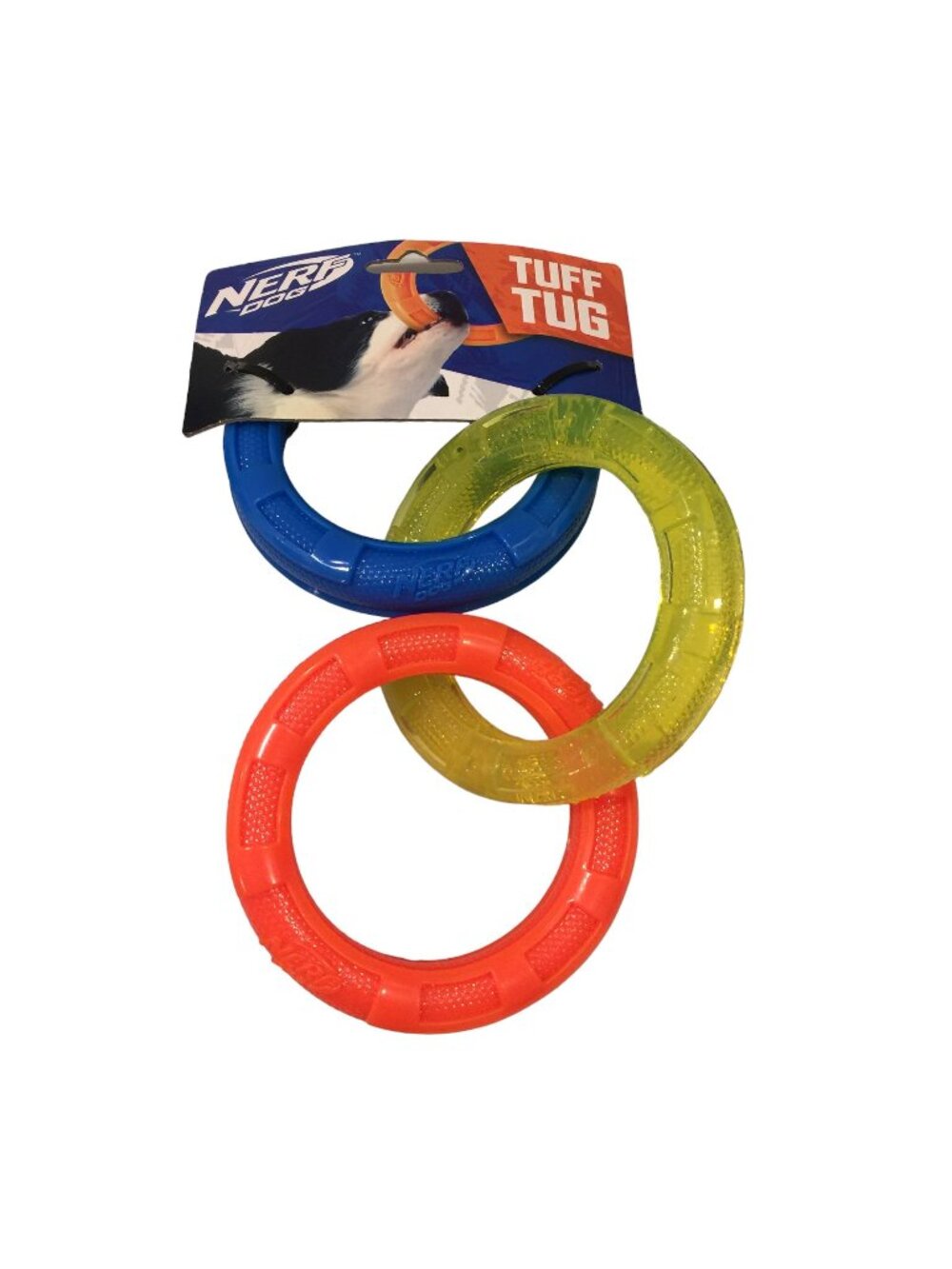 NERF DOG Tuff Tug 3 Ring Dog Pull Toy Yellow Orange Blue 4 1/2" Rings